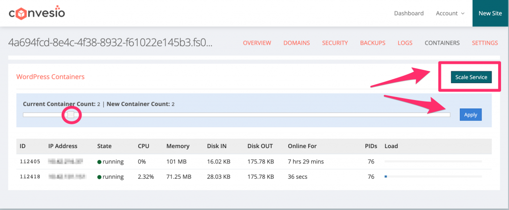 convesio docker containers view
