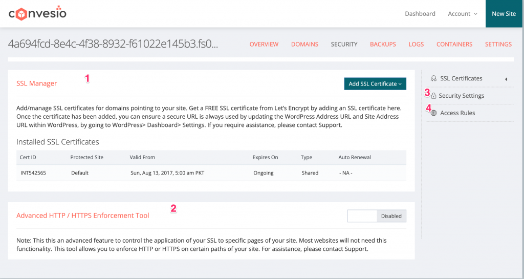 Convesio Security Settings