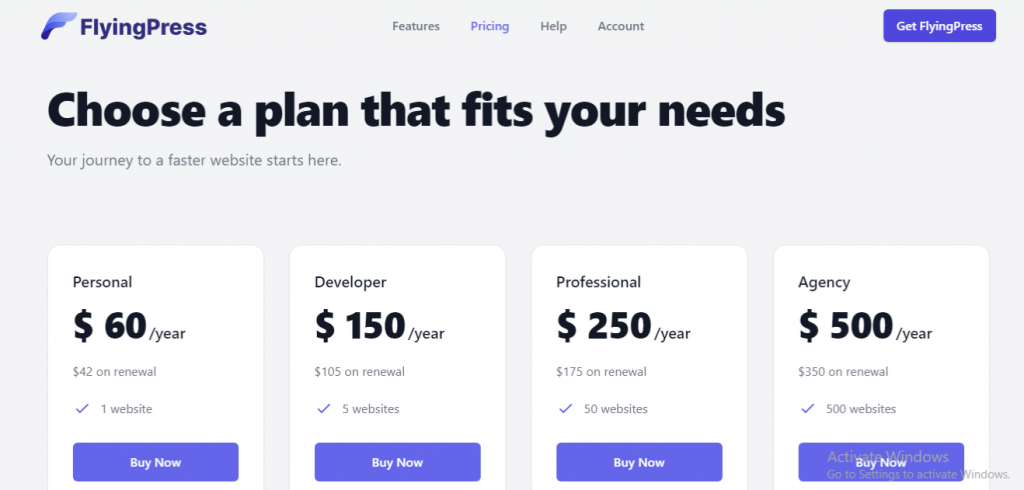 FlyingPress pricing plans