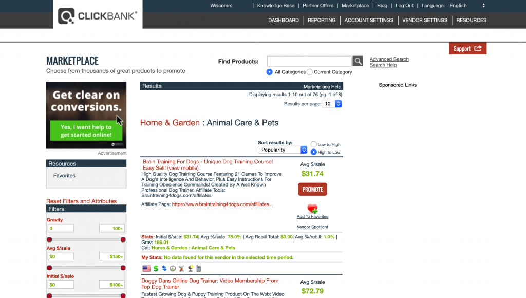 clickbank marketplace search