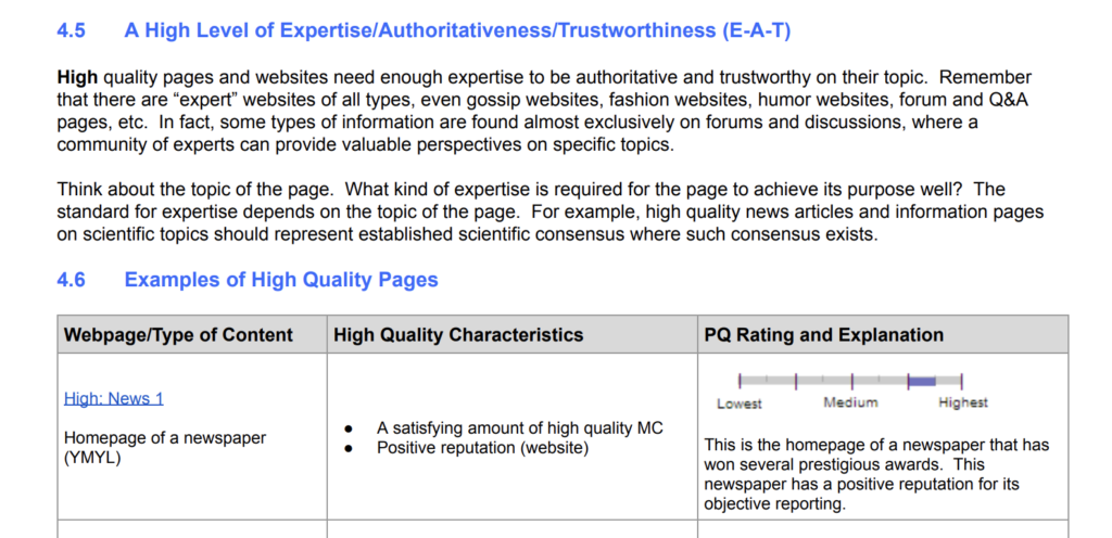 A screenshot of Google’s Search Quality Rater Guidelines document