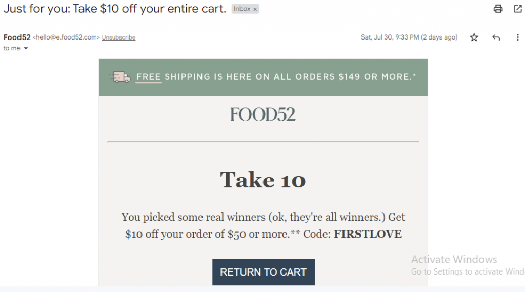 food52 abandoned cart email subject line example