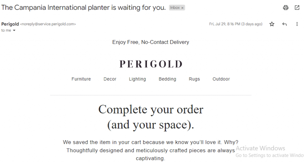 Perigold abandoned cart email